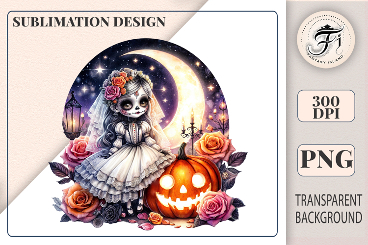 Gothic Sugar Skull Bride Clipart | Halloween Moon   Pumpkin