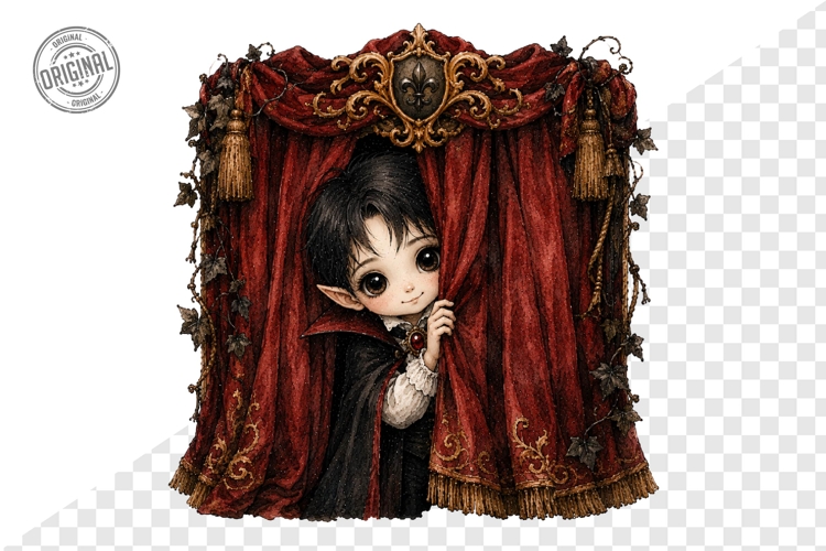 Gothic Vampire Child Behind Red Curtain Clipart PNG