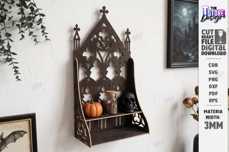 3D Wooden Gothic Display Shelf Laser Cut | Wall Decor | CNC