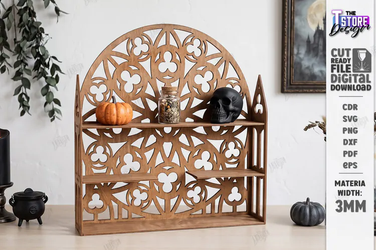 3D Wooden Gothic Display Shelf Laser Cut | Gothic Shelf |CNC