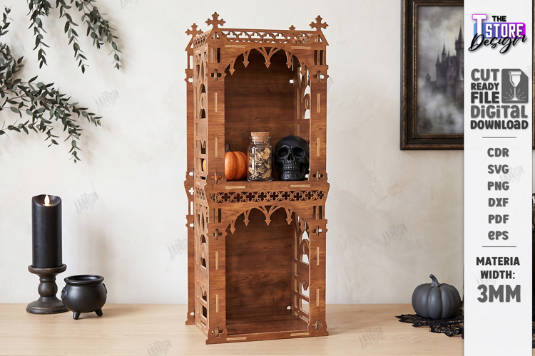 3D Wooden Gothic Display Shelf Laser Cut | Wall Decor | CNC