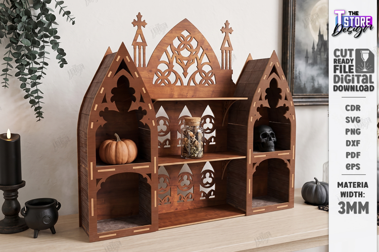 3D Wooden Gothic Display Shelf Laser Cut | Wall Decor | CNC