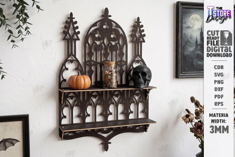 3D Wooden Gothic Display Shelf Laser Cut | Wall Decor | CNC example image 1