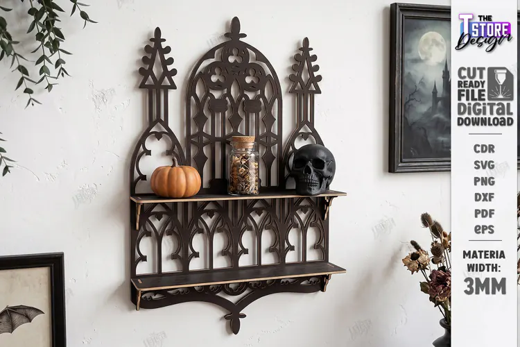 3D Wooden Gothic Display Shelf Laser Cut | Wall Decor | CNC