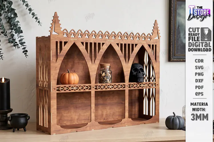 3D Wooden Gothic Display Shelf Laser Cut | Gothic Shelf |CNC