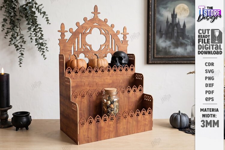 3D Wooden Gothic Display Shelf Laser Cut | Gothic Shelf |CNC example image 1
