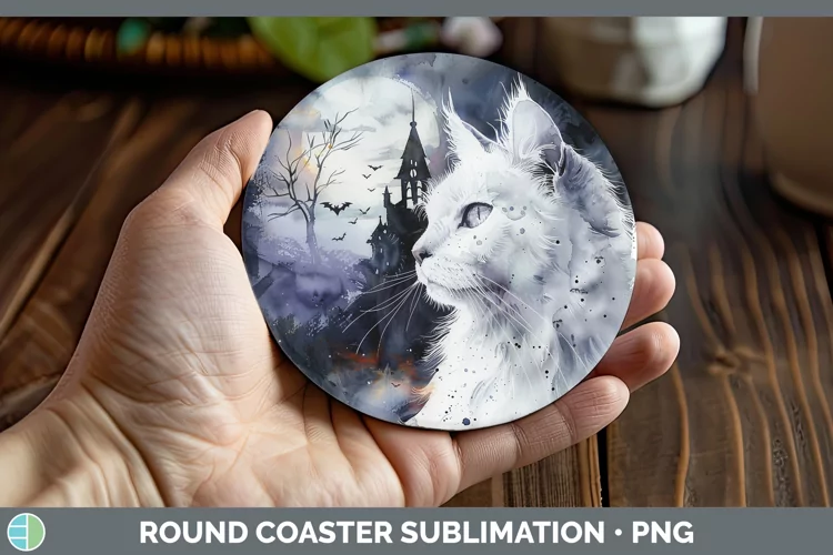 Gothic White Cat Round Coaster Sublimation Coaster Designs