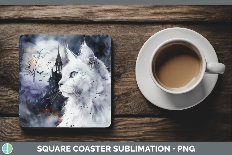 Gothic White Cat Square Coaster Sublimation Coaster Designs