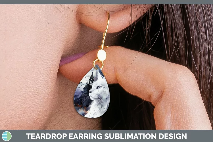 Gothic White Cat Teardrop Earrings Sublimation Earrings Desi