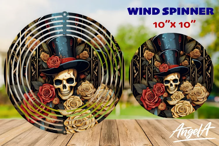 Gothic Floral skull wind spinner / floral skull with hat