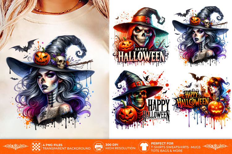 Gothic Witch Skull Halloween PNG - 4 Spooky Horror Designs