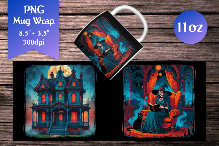 Haunted House 11oz Mug Wrap | Gothic Witch with Black Cat