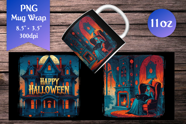 Haunted House 11oz Mug Wrap | Gothic Witch with Black Cat