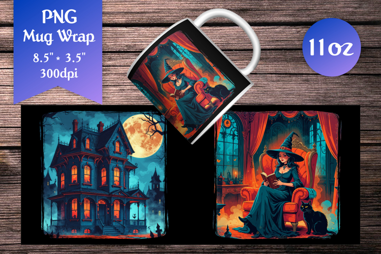 Haunted House 11oz Mug Wrap | Gothic Witch with Black Cat