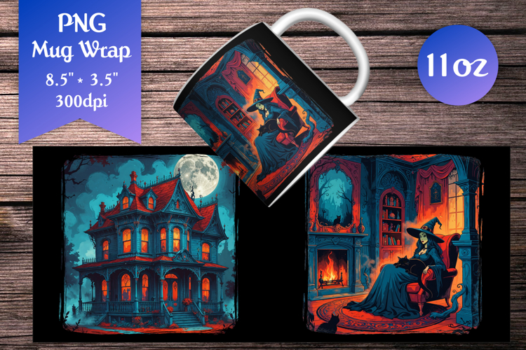 Haunted House 11oz Mug Wrap | Gothic Witch with Black Cat