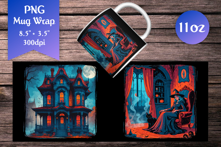 Haunted House 11oz Mug Wrap | Gothic Witch with Black Cat