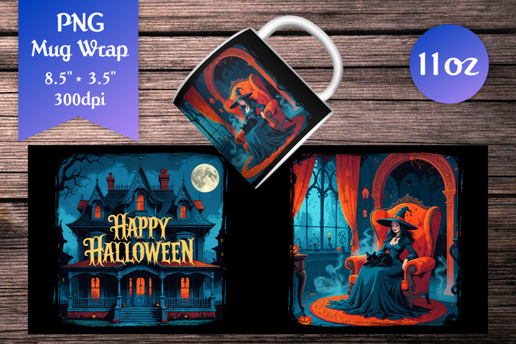 Haunted House 11oz Mug Wrap | Gothic Witch with Black Cat