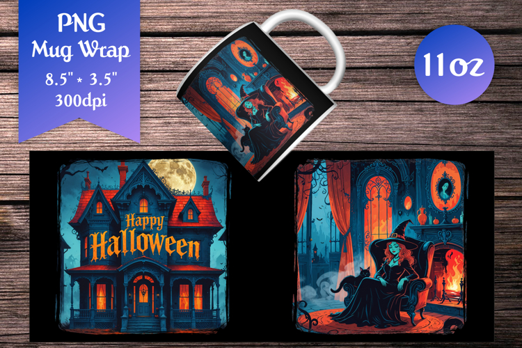 Haunted House 11oz Mug Wrap | Gothic Witch with Black Cat