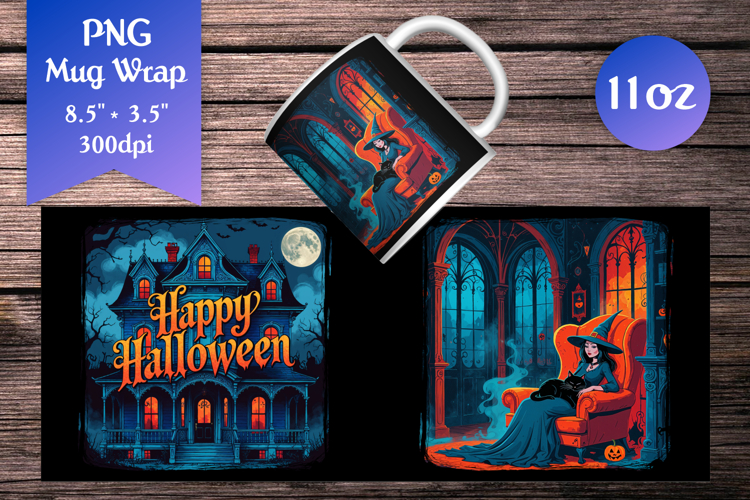 Haunted House 11oz Mug Wrap | Gothic Witch with Black Cat