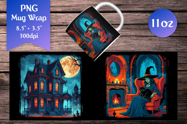 Haunted House 11oz Mug Wrap | Gothic Witch with Black Cat