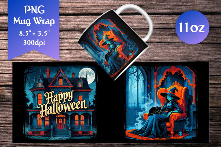 Haunted House 11oz Mug Wrap | Gothic Witch with Black Cat
