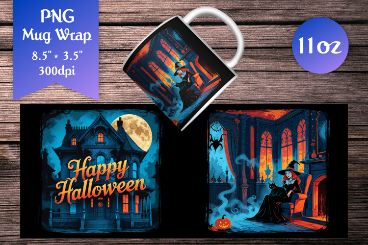 Haunted House 11oz Mug Wrap | Gothic Witch with Black Cat