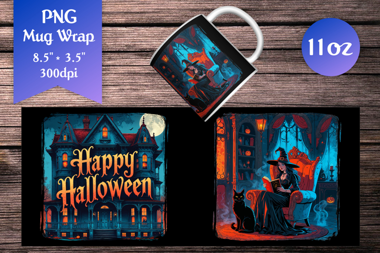 Haunted House 11oz Mug Wrap | Gothic Witch with Black Cat