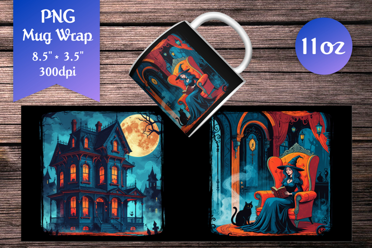 Haunted House 11oz Mug Wrap | Gothic Witch with Black Cat