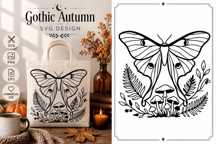 Gothic Moth SVG | Autumn Mushroom Botanical Design