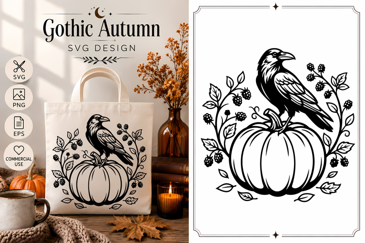 Raven Pumpkin SVG | Gothic Autumn Botanical Design