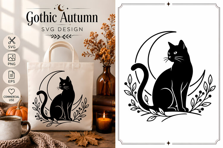 Black Cat Moon SVG | Gothic Autumn Botanical Design example image 1