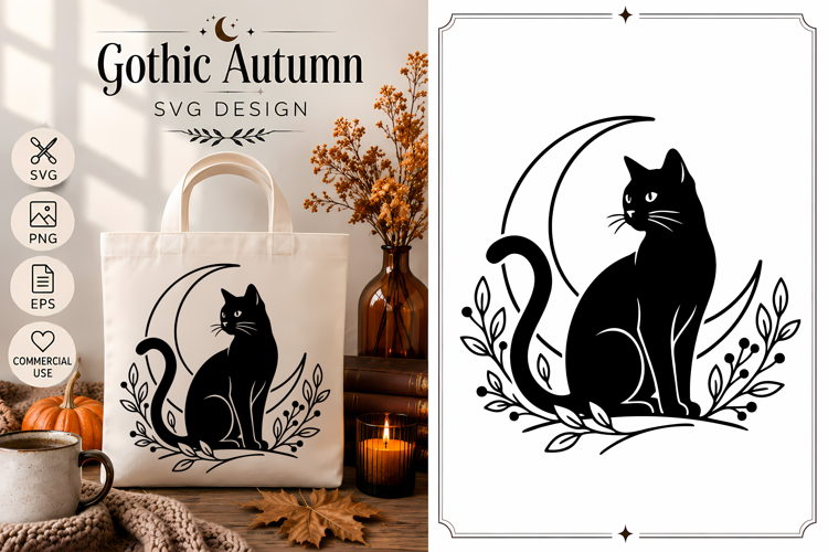 Black Cat Moon SVG | Gothic Autumn Botanical Design