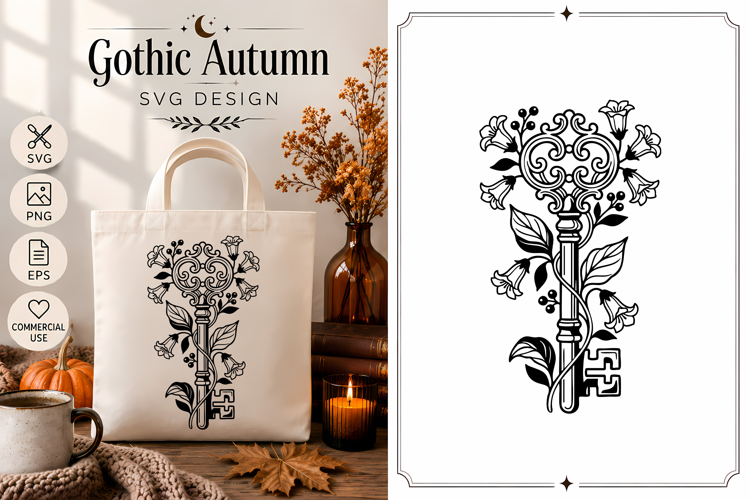 Vintage Key Flowers SVG | Gothic Autumn Botanical Design