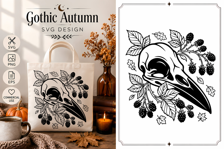 Raven Skull SVG | Gothic Autumn Blackberry Botanical