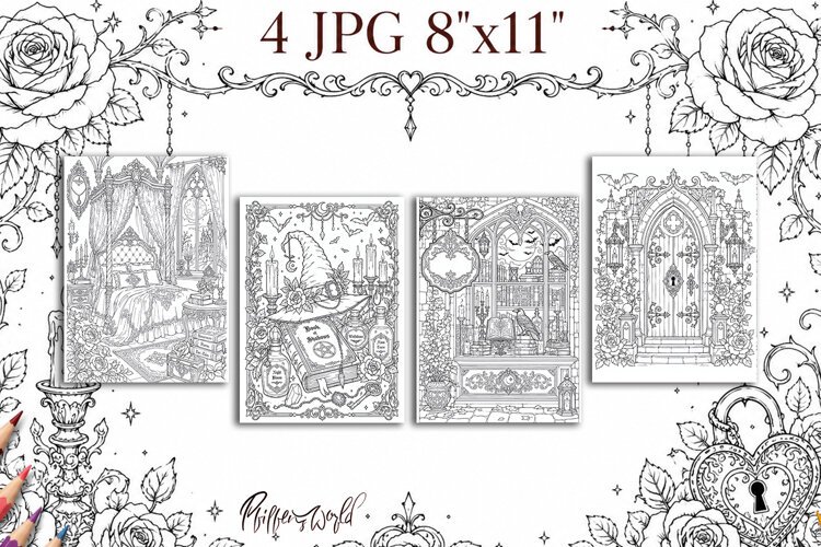 Gothic Romance Coloring Pages | Dark Romantic Victorian example image 1