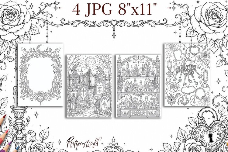 Gothic Romance Coloring Pages | Witchy & Ornate Decoration example image 1