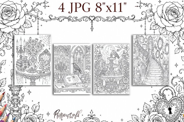 Gothic Romance Coloring Pages | Witchy Books, Candles, Raven example image 1