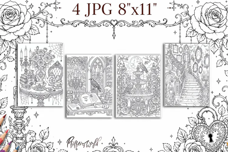Gothic Romance Coloring Pages | Witchy Books, Candles, Raven