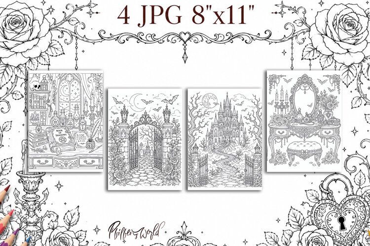 Gothic Romance Coloring Pages | Magic Book & Haunted Door example image 1