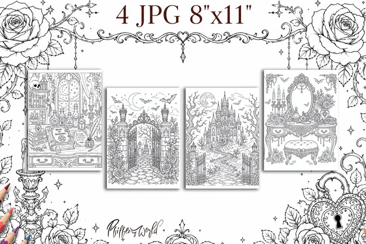 Gothic Romance Coloring Pages | Magic Book & Haunted Door