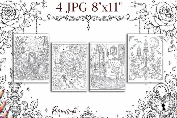 Gothic Romance Coloring Pages | Roses, Ravens and Candles example image 1