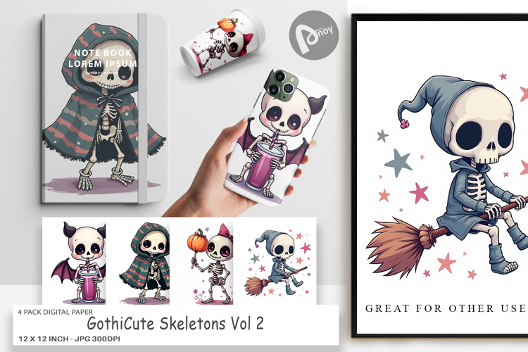 Digital Paper Gothic Cute Skeletons