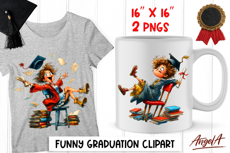 Graduation clipart Happy girl with cap, diploma, book stack