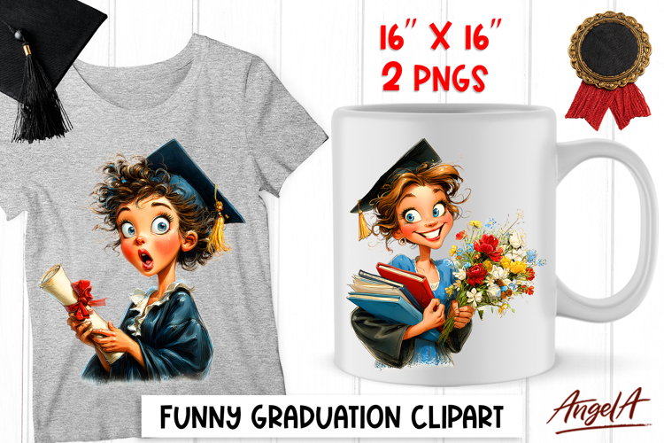 Graduation clipart Girl student with cap, diploma, flowers