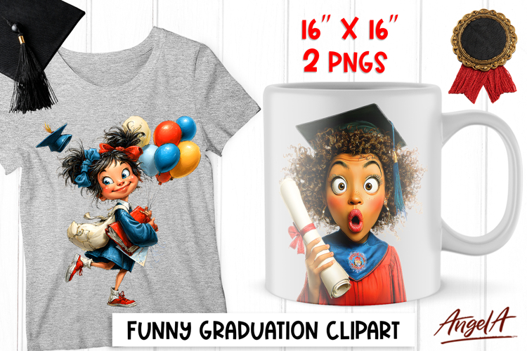 Graduation clipart Girl student with cap, diploma, balloons