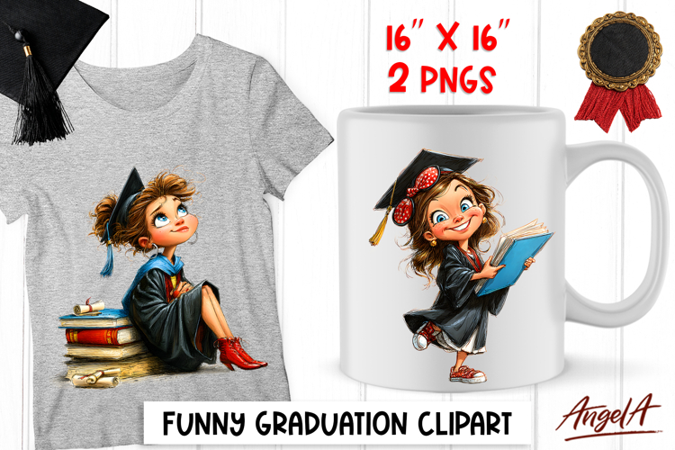 Graduation clipart cute girl student with cap, diploma PNG