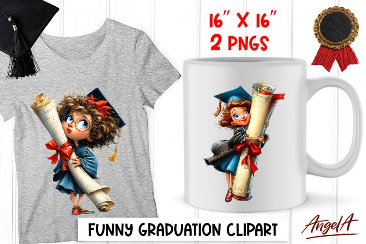 Graduation clipart Cute happy girl with diploma and cap PNG