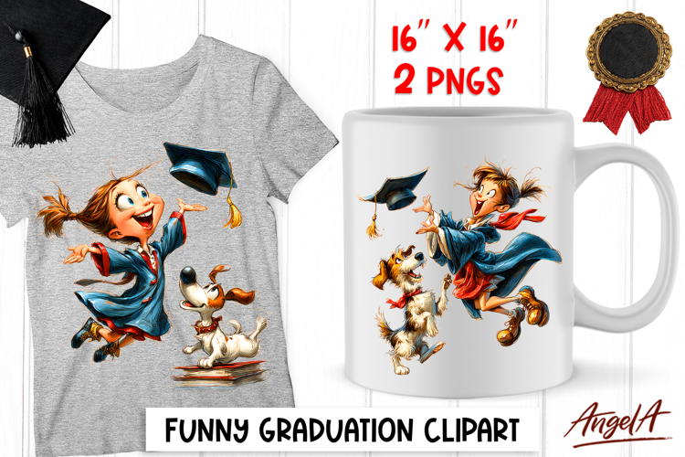 Graduation clipart Happy girl senior with a dog and a cap