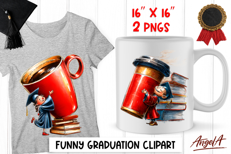 Graduation clipart Cute senior with big coffee mug and books