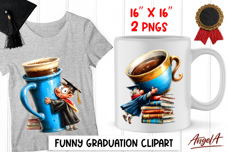 Graduation clipart Cute senior with big coffee mug and books